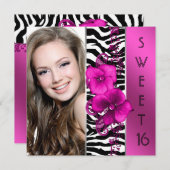 Hot Pink Zebra Foto Sweet 16 Verjaardagsfeest Kaart (Voorkant / Achterkant)