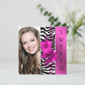 Hot Pink Zebra Foto Sweet 16 Verjaardagsfeest Kaart (Staand voorkant)
