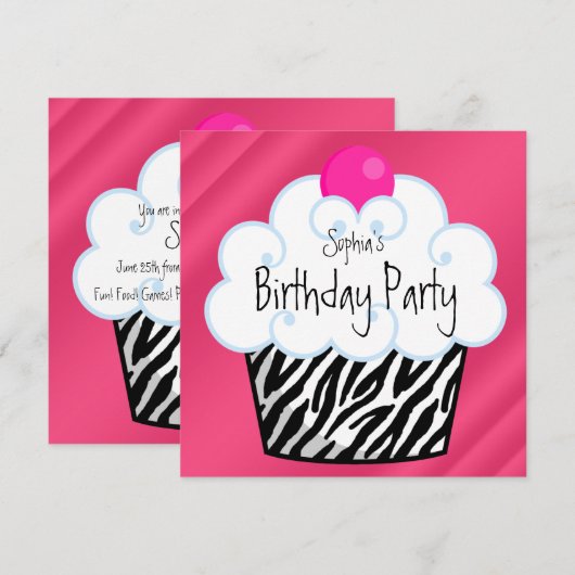 Hot Pink Zebra Girls Cupcake verjaardagsfeestje Kaart (Voorkant / Achterkant)