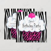 Hot Pink Zebra Girls Cupcake verjaardagsfeestje Kaart (Voorkant / Achterkant)