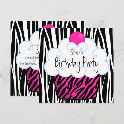 Hot Pink Zebra Girls Cupcake verjaardagsfeestje Kaart (Voorkant / Achterkant)