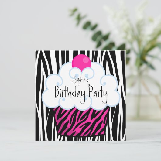 Hot Pink Zebra Girls Cupcake verjaardagsfeestje Kaart (Staand voorkant)