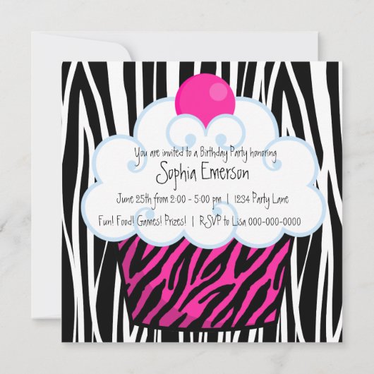 Hot Pink Zebra Girls Cupcake verjaardagsfeestje Kaart (Achterkant)