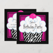 Hot Pink Zebra Girls Cupcake verjaardagsfeestje Kaart (Voorkant / Achterkant)