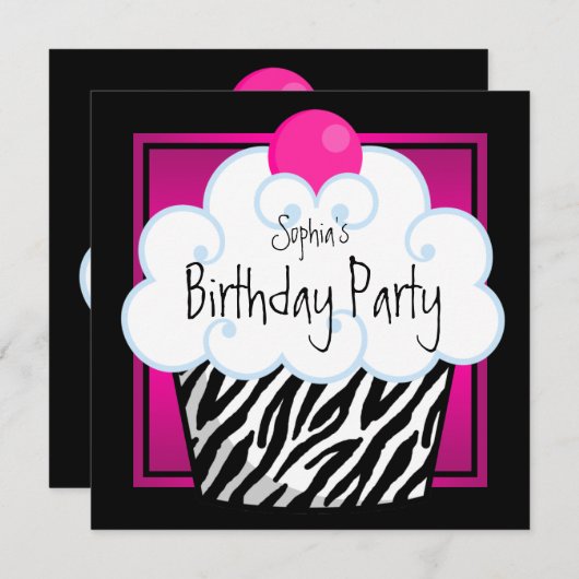 Hot Pink Zebra Girls Cupcake verjaardagsfeestje Kaart (Voorkant / Achterkant)