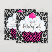 Hot Pink Zebra Girls Cupcake verjaardagsfeestje Kaart (Voorkant / Achterkant)