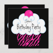Hot Pink Zebra Girls Cupcake verjaardagsfeestje Kaart (Voorkant / Achterkant)