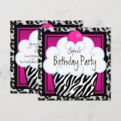 Hot Pink Zebra Girls Cupcake verjaardagsfeestje Kaart (Voorkant / Achterkant)