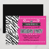 Hot Pink & Zebra Girls Verjaardagsfeestje Uitnodig Kaart (Voorkant / Achterkant)