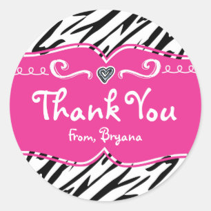 Hot Pink & Zebra Print Girls Birthday Party Sticke Ronde Sticker