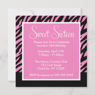 Hot Pink Zebra Print Sweet Sixteen Kaart