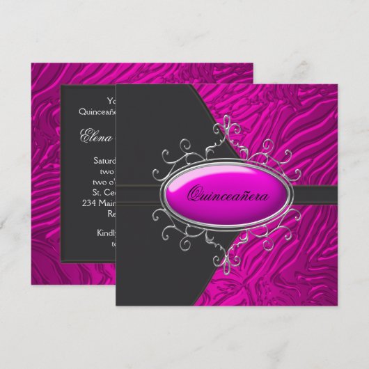 Hot Pink Zebra Quinceanera Kaart (Voorkant / Achterkant)