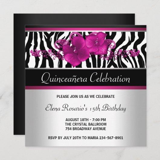 Hot Pink Zebra Quinceanera Uitnodigingen (Voorkant / Achterkant)