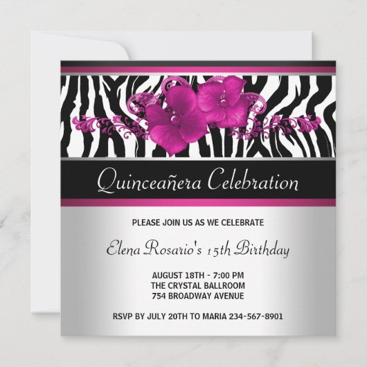 Hot Pink Zebra Quinceanera Uitnodigingen (Voorkant)