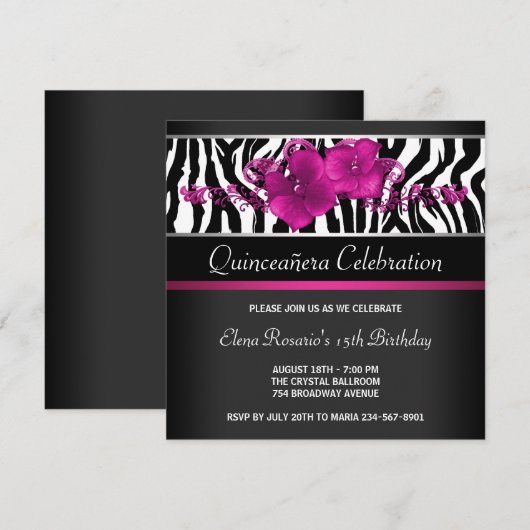 Hot Pink Zebra Quinceanera Uitnodigingen (Voorkant / Achterkant)