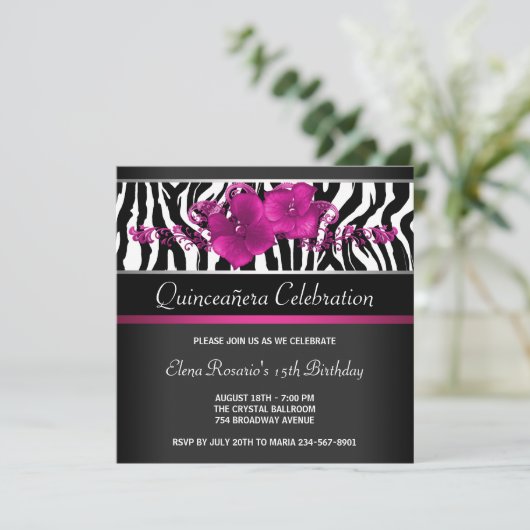 Hot Pink Zebra Quinceanera Uitnodigingen (Staand voorkant)