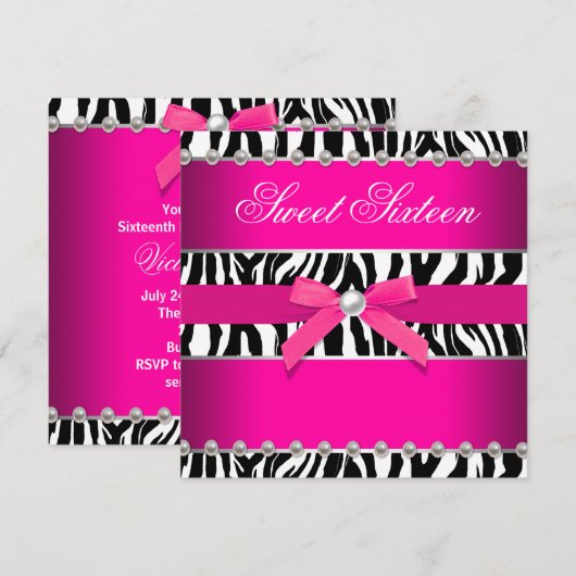 Hot Pink Zebra Sweet 16 Verjaardagsfeest Kaart (Voorkant / Achterkant)