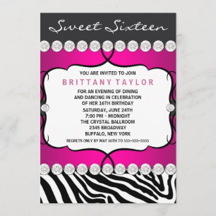 Hot Pink Zebra Sweet Sixteen Birthday Party Kaart