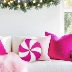 Hot Pink & Zilver Candy Cane Stripe & Pepermunt Rond Kussen