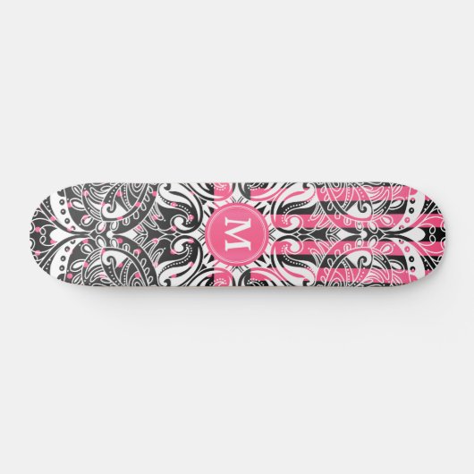 Hot Pink, zwart en wit Mandala - Monogram Persoonlijk Skateboard (Horizontaal)