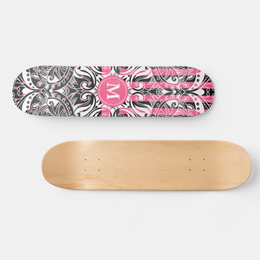Hot Pink, zwart en wit Mandala - Monogram Persoonlijk Skateboard (Horizontaal)