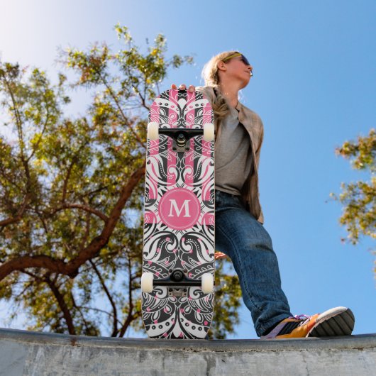 Hot Pink, zwart en wit Mandala - Monogram Persoonlijk Skateboard (Buiten 1)