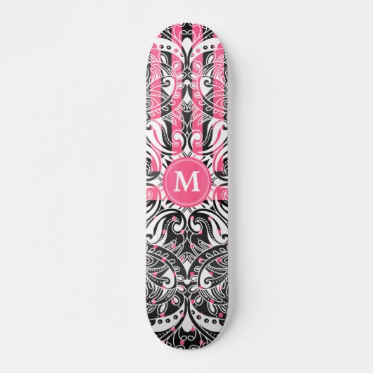 Hot Pink, zwart en wit Mandala - Monogram Persoonlijk Skateboard (Voorkant)