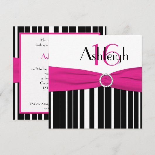 Hot Pink, zwart, White, 16e verjaardag Uitnodiging (Voorkant / Achterkant)