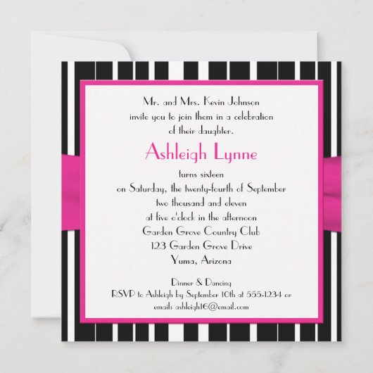 Hot Pink, zwart, White, 16e verjaardag Uitnodiging (Achterkant)