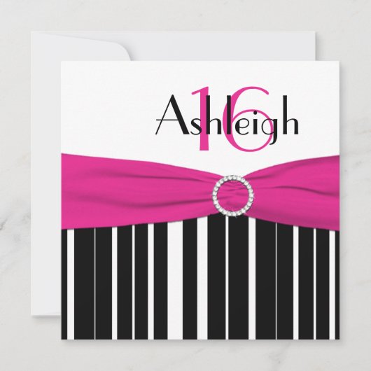 Hot Pink, zwart, White, 16e verjaardag Uitnodiging (Voorkant)