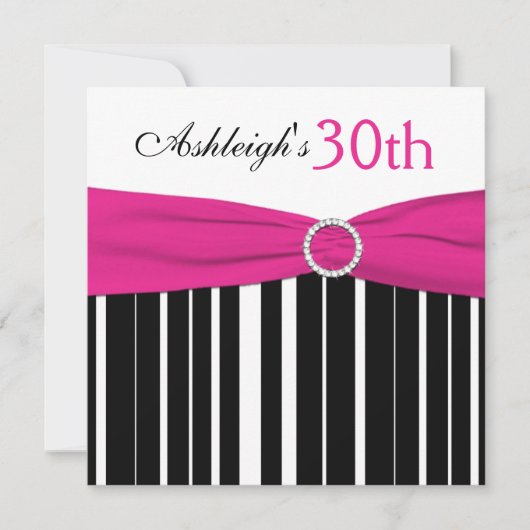 Hot Pink, zwart, White, 30th Birthday Invitation Kaart (Voorkant)