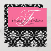Hot PinkWedding Invitation Monogram Damask Terug # Kaart (Voorkant / Achterkant)