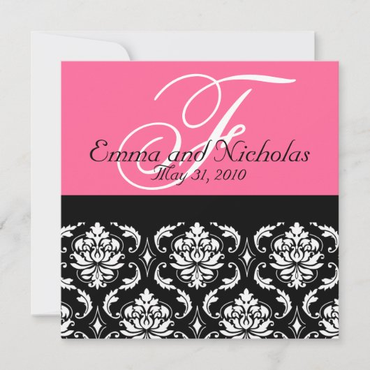 Hot PinkWedding Invitation Monogram Damask Terug # Kaart (Voorkant)