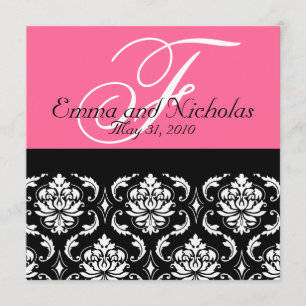 Hot PinkWedding Invitation Monogram Damask Terug # Kaart