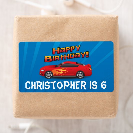 Hot Red Race auto met Flames Boy's Birthday Party Etiket (Insitu)