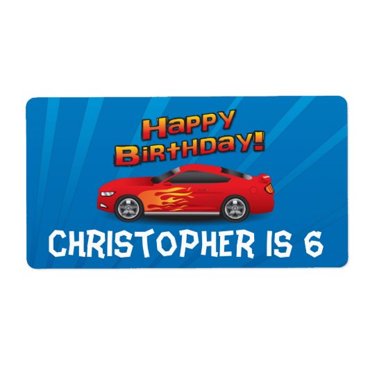Hot Red Race auto met Flames Boy's Birthday Party Etiket (Voorkant)
