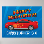 Hot Red Race auto met Flames Boy's Birthday Party Poster (Voorkant)