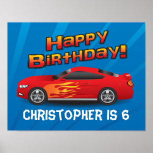 Hot Red Race auto met Flames Boy's Birthday Party Poster