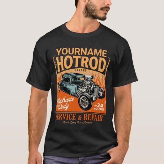 Hot Rod Garage - Aangepaste naam Mechanische winke T-shirt (Voorkant)