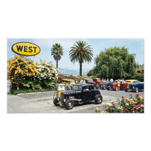 Hot rods bij een benzinestation in San Francisco Foto Afdruk
