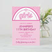 Hot roze 11e verjaardag uitnodigingen moderne Glit (Staand voorkant)