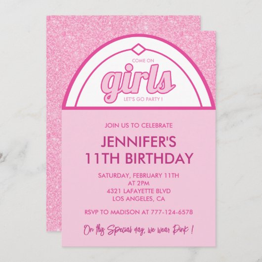 Hot roze 11e verjaardag uitnodigingen moderne Glit (Voorkant / Achterkant)
