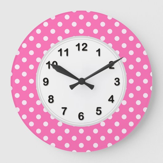 Hot-roze #2 en White Polka Dots Pattern Grote Klok (Voorkant)