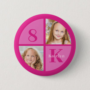 Hot roze 2 foto gepersonaliseerde verjaardag meisj ronde button 5,7 cm