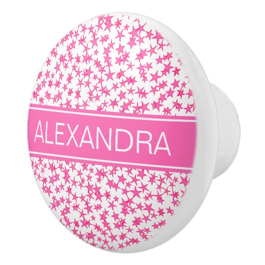 Hot Roze 2 sterren White BG, Hot Pink Name Monogra Keramische Knop (Rechts)