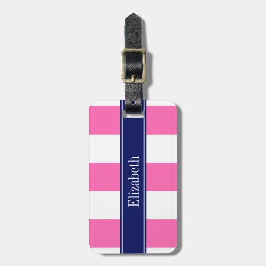 Hot-roze #2 XL Stripes, Navy 5c Naam Monogram Bagagelabel (Voorkant verticaal)