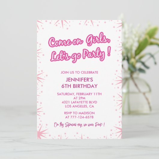 Hot roze 6e verjaardag uitnodigingen Sparkle moder (Staand voorkant)