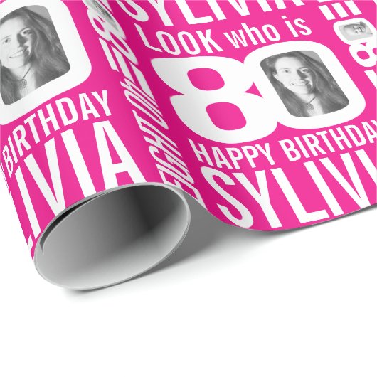 Hot-roze 80e verjaardag: 80 aangepaste fotonaam cadeaupapier (Rol Hoek)