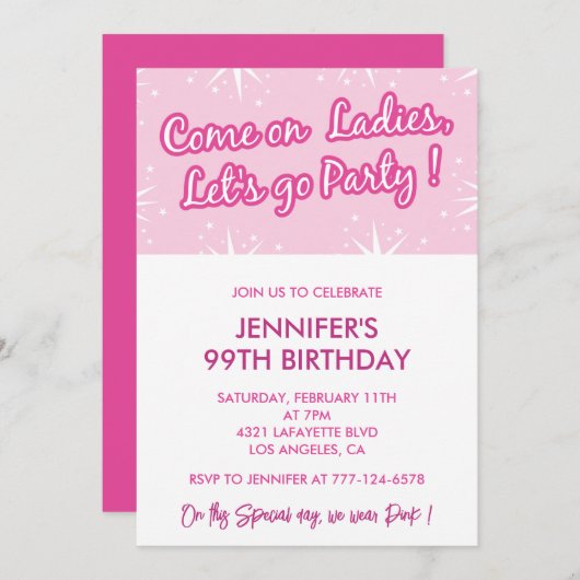 Hot roze 99e verjaardag uitnodigingen Glitter (Voorkant / Achterkant)