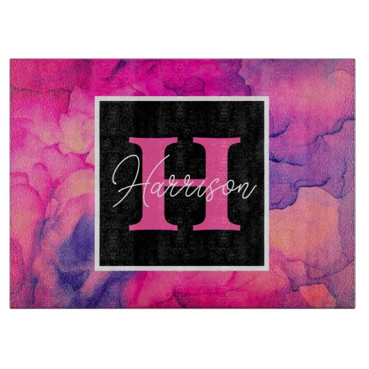Hot-roze alcoholinkt monogram op maat snijplank (Voorkant)